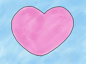Abstract hand draw sketch doodle pink heart shape on blue background, illustration, watercolor paint style, digital art