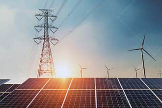 Solar panels with electricity pylon and wind turbine Clean power