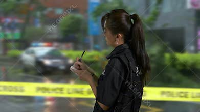 Asian American police officer at crime scene
