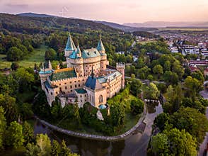 Aerial view of castle Bojnice, Central Europe, Slovakia. UNESCO. Sunset light.