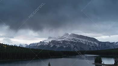 Time lapse of Two Jack Lake cloudscape at sunrise, Rocky mountains Canadian Rockies in Banff National Park, Alberta
