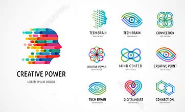 Brain, Creative mind, learning and design icons, logos. Man head, people symbols - stock vector