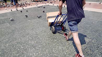 Man pushing cart delivery parcel from Amazon in city center