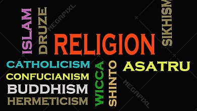 Religion concept word cloud on black background. Footage animation 4K