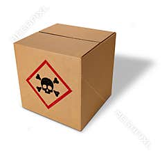 Cardboard box with skull and cross-bones sign