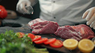 The chef cuts raw meat with the knife in Slow Motion