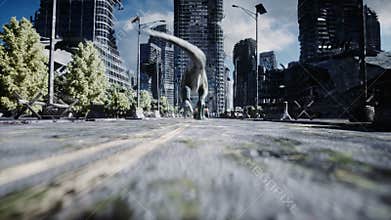 Dinosaur rex running behind the car in destroyed city. Dinosaurs apocalypse. Concept of future. Realistic 4K animation.