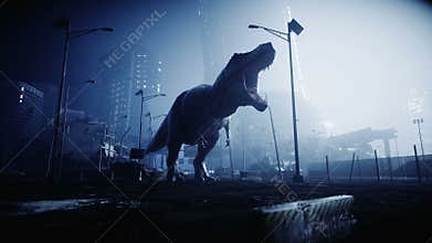Terrible dinosaur trex in the night destroyed city. Apocalypse concept. Realistic 4K animation.