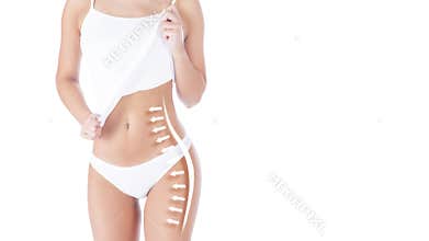 Female body with the drawing arrows on it isolated on white. Fat lose, liposuction and cellulite removal concept.
