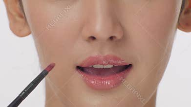 Makeup artist applying liquid lipstick with brush on lips young woman.