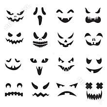 Pumpkin faces. Halloween jack o lantern face silhouettes. Monster ghost carving scary eyes and mouth vector icons set