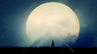 Ancient Civilization Man Walking on Full Moon Background