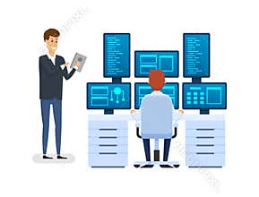 Server room, equipping network administrator`s workplace, monitoring database.