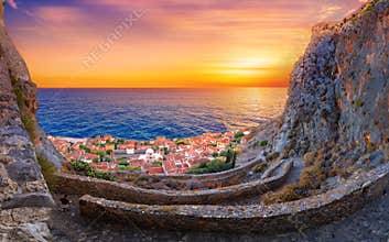 The medieval `castletown` of Monemvasia, often called `The Greek Gibraltar`, Lakonia, Peloponnese.