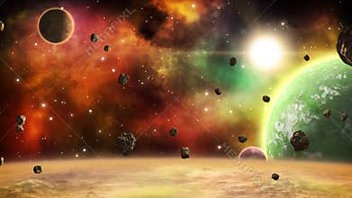 Seamless cosmic background. Space scene with planets, asteroids and nebula.