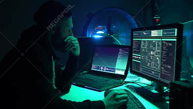 Hackers breaking server using multiple computers and infected virus ransomware. Cybercrime, information technology
