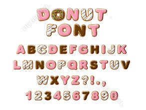 Donuts decorative font glazed sweet letters and numbers. Cute design. 3D illustration