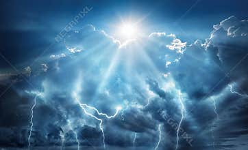 Religious and scientific apocalyptic background. Dark sky with lightning and dark clouds with the Sun that represents salvation