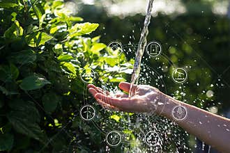 Water pouring in woman hand with icons energy sources for renewable, sustainable development. Ecology