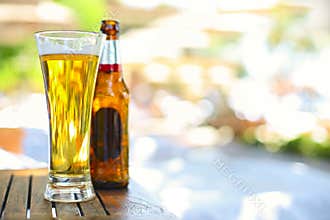 Closeup view of beer bottle and the glass in the garden