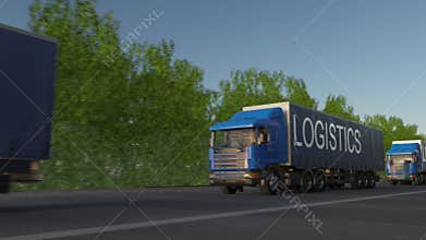 Speeding freight semi truck with LOGISTICS caption on the trailer