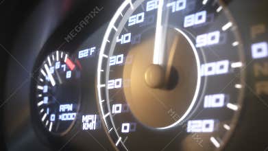 Dashboard in the car. Speedometer and moving,featuring lights leaks. Close up view. 3d rendering, animation.