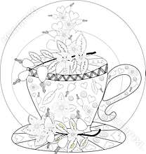 Hand draw vector coloring book for adult. Teatime. Cups of tea, fruits and flowers