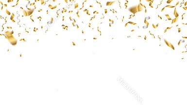 Golden celebration confetti. Falling party ribbons, birthday flying holiday decoration. Realistic anniversary event gold