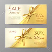 Luxury voucher card. Golden ribbon certificate, elegant celebration coupon, discount promotion flyer. Realistic vector