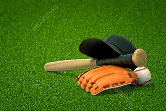 3d rendering of baseball bat, ball and gloves on green field background