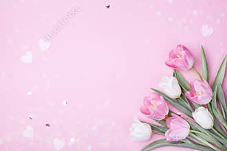 Spring tulip flowers on pastel pink background top view. Greeting card for International Women Day, Mother day. Flat lay