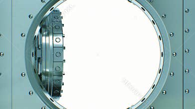 Round Vault Metal Door Opening Out Slow with Lock Mechanism Turning. Beautiful 3d Animation of Safe Door with Alpha Mask