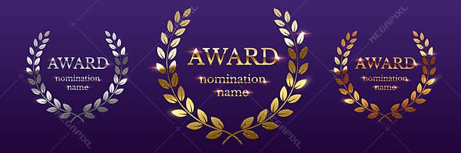 Golden, silver and bronze award signs with laurel wreath isolated on purple background. Vector award design templates.