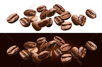 Falling coffee beans isolated on white and black background