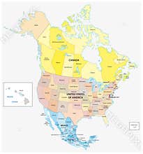 Administrative and political vector map of the three North American states, Mexico, Canada and the United States of America