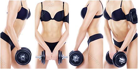Sporty, fit and healthy female body in fitness collage. Young women in swimsuits on white.