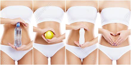 Sporty, fit and healthy female body in fitness collage. Young women in swimsuits on white.