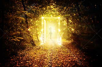 Magical glowing door in the enchanted forest
