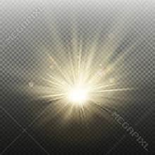 Sunset or sunrise golden glowing bright flash effect. Warm burst with rays and spotlight. Sun realistic lights template