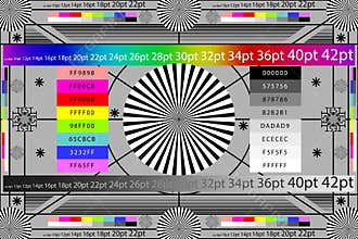 Adjusting camera lens test target colour chart. Tv screen background. EPS 10