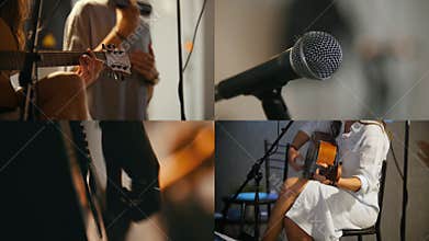 4 in 1: A small musical band playing in the studio. Young woman playing guitar