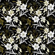 Manual graphic seamless pattern with hand drawn flowers daffodils.