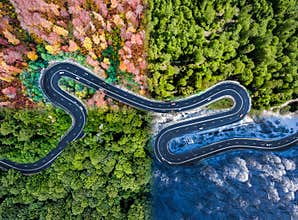 Winding road in all four seasons. Aerial view of a curved highway trough the forest. Composite drone roadway image
