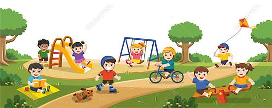 Happy excited kids having fun together on playground. Children play outside.