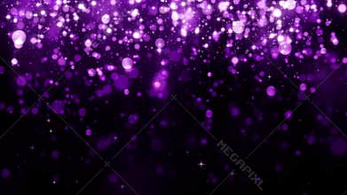 Background with glitter falling purple particles and bokeh. Holiday design. Falling shiny particle with magic light. Seamless loop