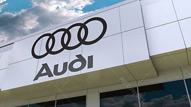 Audi logo on the modern building facade. Editorial 3D rendering