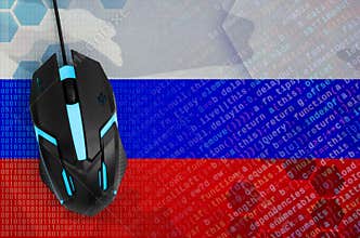 Russia flag and computer mouse. Digital threat, illegal actions on the Internet