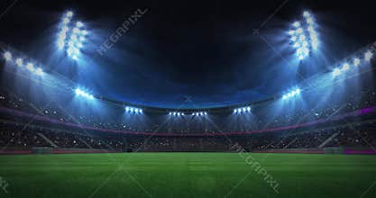 Modern grass field stadium night floodlight illumination zoom out footage