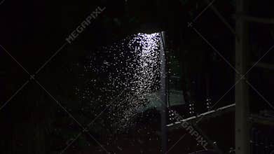 Insects circling under lantern lamp post at night time. Fireflies under the lantern