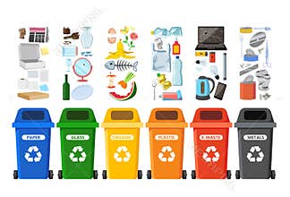 Rubbish bins for recycling different types of waste. Garbage containers vector infographics